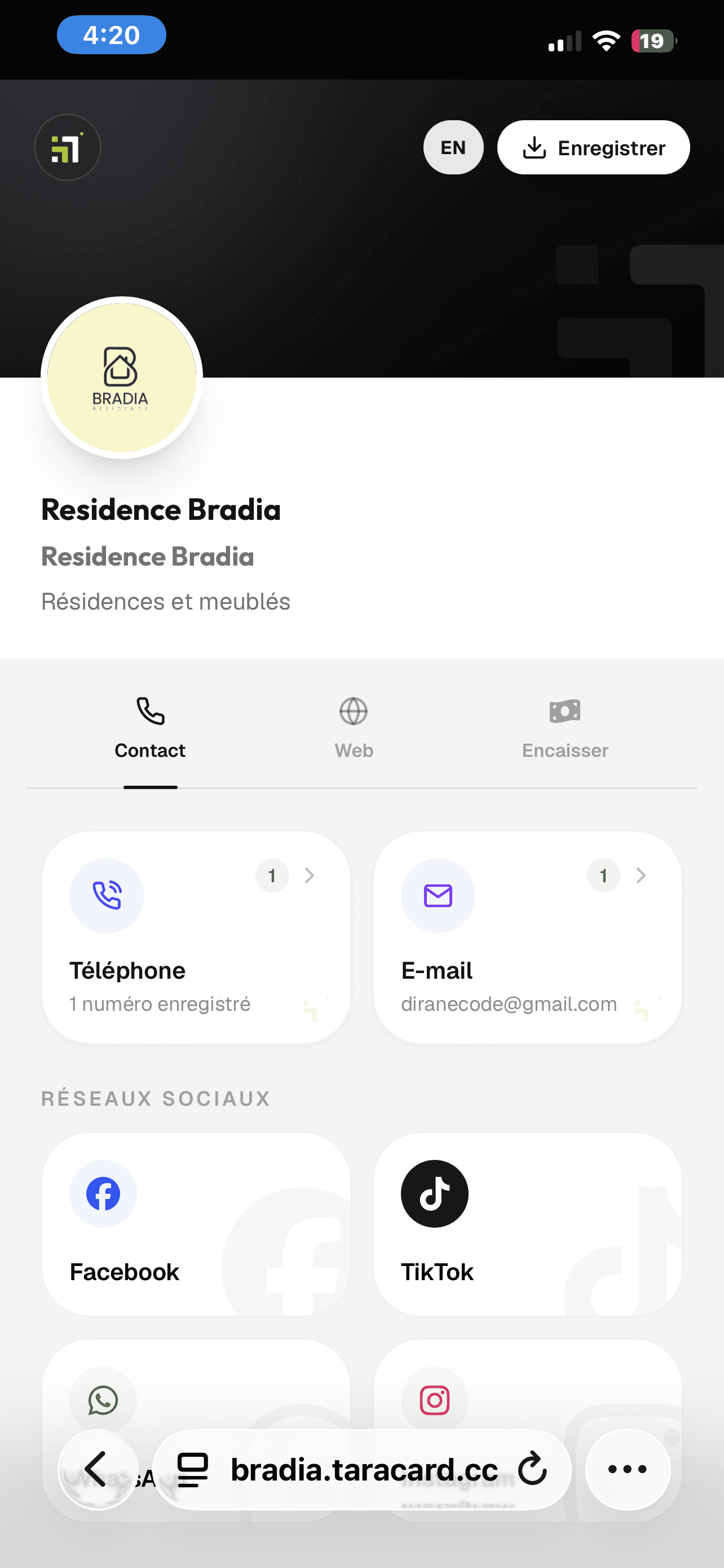 Aperçu du profil de carte Tara Card sur iPhone